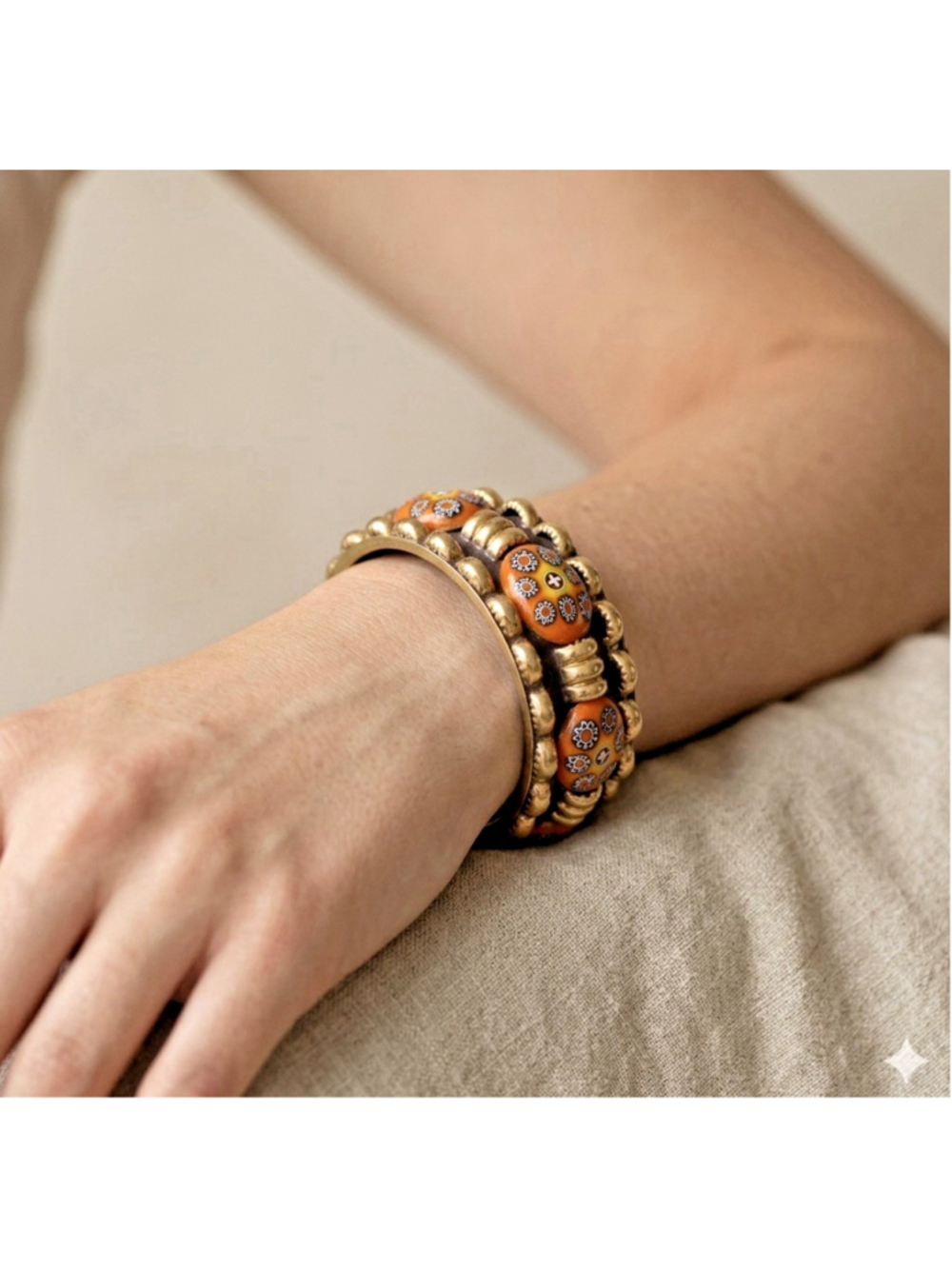 Statement Chunky Brass Cuff Bracelet – Brown Enamel with Orange Cabochon Details